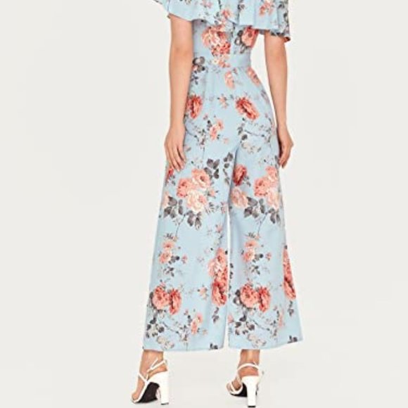 Women's Rose Floral Print Ruffle Hem Romper Short Sleeve Wide Leg Jumpsuit - Picture 6 of 13